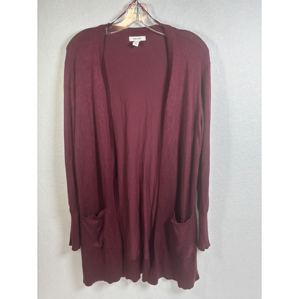 Nine West Cardigan Sweater Womens Large Burgundy Rayon Open Front Pocket Preppy